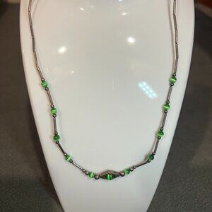 Striking Green Cat Eye Bead & Silver Tone Tube Bead Necklace Unique Design 18"